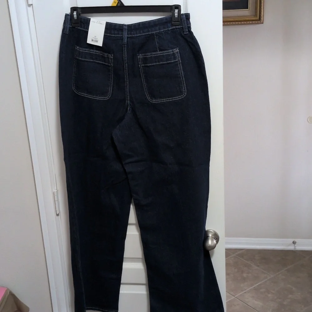 Women's Wide Leg Patch Pockets Dark Blue Jeans - Picture 6 of 6